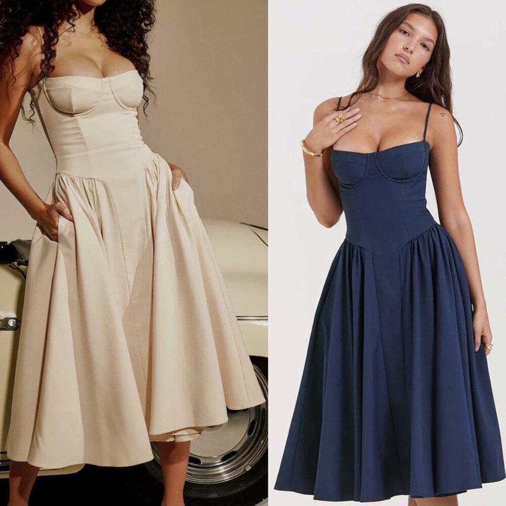 TWO! TikTok Famous Corset Sundresses w/ Pockets | S | Cream & Navy
